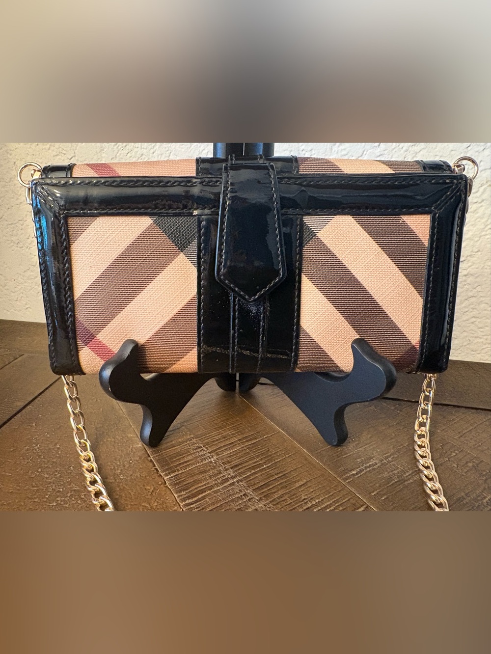 Burberry Beige Black and Tan Plaid Chain Wallet